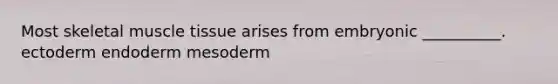 Most skeletal muscle tissue arises from embryonic __________. ectoderm endoderm mesoderm