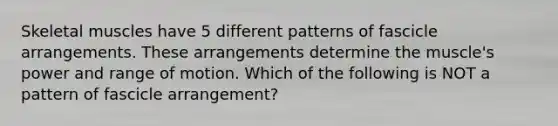 Skeletal muscles have 5 different patterns of fascicle arrangements. These arrangements determine the muscle's power and range of motion. Which of the following is NOT a pattern of fascicle arrangement?