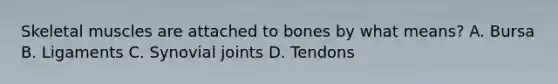 Skeletal muscles are attached to bones by what means? A. Bursa B. Ligaments C. Synovial joints D. Tendons