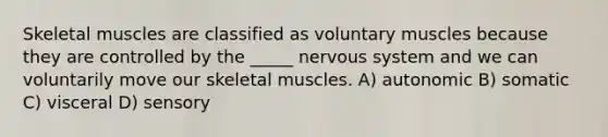 Skeletal muscles are classified as voluntary muscles because they are controlled by the _____ nervous system and we can voluntarily move our skeletal muscles. A) autonomic B) somatic C) visceral D) sensory