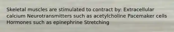 Skeletal muscles are stimulated to contract by: Extracellular calcium Neurotransmitters such as acetylcholine Pacemaker cells Hormones such as epinephrine Stretching