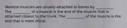 Skeletal muscles are usually attached to bones by __________. The __________ of a muscle is the end of the muscle that is attached closest to the trunk. The __________ of the muscle is the end that is more distal.