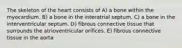 The skeleton of the heart consists of A) a bone within the myocardium. B) a bone in the interatrial septum. C) a bone in the interventricular septum. D) fibrous connective tissue that surrounds the atrioventricular orifices. E) fibrous connective tissue in the aorta