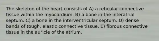 The skeleton of the heart consists of A) a reticular connective tissue within the myocardium. B) a bone in the interatrial septum. C) a bone in the interventricular septum. D) dense bands of tough, elastic connective tissue. E) fibrous connective tissue in the auricle of the atrium.