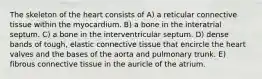 The skeleton of the heart consists of A) a reticular connective tissue within the myocardium. B) a bone in the interatrial septum. C) a bone in the interventricular septum. D) dense bands of tough, elastic connective tissue that encircle the heart valves and the bases of the aorta and pulmonary trunk. E) fibrous connective tissue in the auricle of the atrium.