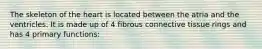 The skeleton of the heart is located between the atria and the ventricles. It is made up of 4 fibrous connective tissue rings and has 4 primary functions:
