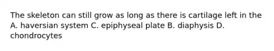 The skeleton can still grow as long as there is cartilage left in the A. haversian system C. epiphyseal plate B. diaphysis D. chondrocytes