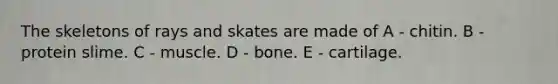 The skeletons of rays and skates are made of A - chitin. B - protein slime. C - muscle. D - bone. E - cartilage.