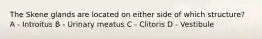 The Skene glands are located on either side of which structure? A - Introitus B - Urinary meatus C - Clitoris D - Vestibule