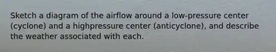 Sketch a diagram of the airflow around a low-pressure center (cyclone) and a highpressure center (anticyclone), and describe the weather associated with each.