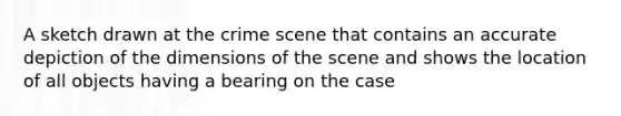 A sketch drawn at the crime scene that contains an accurate depiction of the dimensions of the scene and shows the location of all objects having a bearing on the case