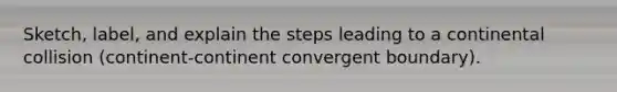 Sketch, label, and explain the steps leading to a continental collision (continent-continent convergent boundary).