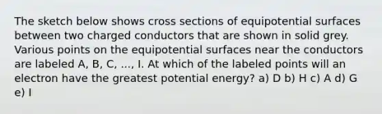 The sketch below shows cross sections of equipotential surfaces between two charged conductors that are shown in solid grey. Various points on the equipotential surfaces near the conductors are labeled A, B, C, ..., I. At which of the labeled points will an electron have the greatest potential energy? a) D b) H c) A d) G e) I