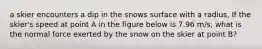 a skier encounters a dip in the snows surface with a radius, If the skier's speed at point A in the figure below is 7.96 m/s, what is the normal force exerted by the snow on the skier at point B?