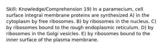 Skill: Knowledge/Comprehension 19) In a paramecium, cell surface integral membrane proteins are synthesized A) in the cytoplasm by free ribosomes. B) by ribosomes in the nucleus. C) by ribosomes bound to the rough endoplasmic reticulum. D) by ribosomes in the Golgi vesicles. E) by ribosomes bound to the inner surface of the plasma membrane.