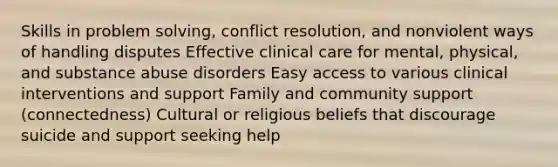 Skills in problem solving, conflict resolution, and nonviolent ways of handling disputes Effective clinical care for mental, physical, and substance abuse disorders Easy access to various clinical interventions and support Family and community support (connectedness) Cultural or religious beliefs that discourage suicide and support seeking help