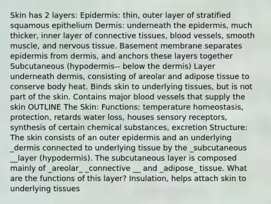 Skin has 2 layers: Epidermis: thin, outer layer of stratified squamous epithelium Dermis: underneath <a href='https://www.questionai.com/knowledge/kBFgQMpq6s-the-epidermis' class='anchor-knowledge'>the epidermis</a>, much thicker, inner layer of <a href='https://www.questionai.com/knowledge/kYDr0DHyc8-connective-tissue' class='anchor-knowledge'>connective tissue</a>s, blood vessels, smooth muscle, and <a href='https://www.questionai.com/knowledge/kqA5Ws88nP-nervous-tissue' class='anchor-knowledge'>nervous tissue</a>. Basement membrane separates epidermis from dermis, and anchors these layers together Subcutaneous (hypodermis-- below the dermis) Layer underneath dermis, consisting of areolar and adipose tissue to conserve body heat. Binds skin to underlying tissues, but is not part of the skin. Contains major blood vessels that supply the skin OUTLINE The Skin: Functions: temperature homeostasis, protection, retards water loss, houses sensory receptors, synthesis of certain chemical substances, excretion Structure: The skin consists of an outer epidermis and an underlying _dermis connected to underlying tissue by the _subcutaneous __layer (hypodermis). The subcutaneous layer is composed mainly of _areolar_ _connective __ and _adipose_ tissue. What are the functions of this layer? Insulation, helps attach skin to underlying tissues