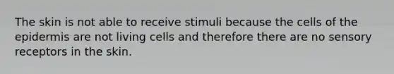 The skin is not able to receive stimuli because the cells of <a href='https://www.questionai.com/knowledge/kBFgQMpq6s-the-epidermis' class='anchor-knowledge'>the epidermis</a> are not living cells and therefore there are no <a href='https://www.questionai.com/knowledge/kZxhe8RZQ3-sensory-receptors' class='anchor-knowledge'>sensory receptors</a> in the skin.