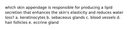 which skin appendage is responsible for producing a lipid secretion that enhances the skin's elasticity and reduces water loss? a. keratinocytes b. sebaceous glands c. blood vessels d. hair follicles e. eccrine gland