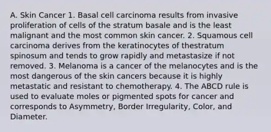 A. Skin Cancer 1. Basal cell carcinoma results from invasive proliferation of cells of the stratum basale and is the least malignant and the most common skin cancer. 2. Squamous cell carcinoma derives from the keratinocytes of thestratum spinosum and tends to grow rapidly and metastasize if not removed. 3. Melanoma is a cancer of the melanocytes and is the most dangerous of the skin cancers because it is highly metastatic and resistant to chemotherapy. 4. The ABCD rule is used to evaluate moles or pigmented spots for cancer and corresponds to Asymmetry, Border Irregularity, Color, and Diameter.