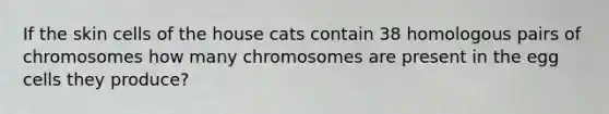 If the skin cells of the house cats contain 38 homologous pairs of chromosomes how many chromosomes are present in the egg cells they produce?