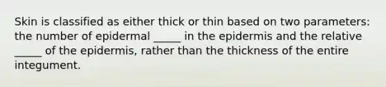 Skin is classified as either thick or thin based on two parameters: the number of epidermal _____ in the epidermis and the relative _____ of the epidermis, rather than the thickness of the entire integument.