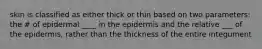 skin is classified as either thick or thin based on two parameters: the # of epidermal ____ in the epidermis and the relative ___ of the epidermis, rather than the thickness of the entire integument