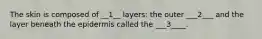 The skin is composed of __1__ layers: the outer ___2___ and the layer beneath the epidermis called the ___3____.