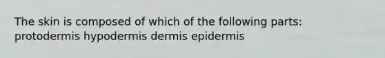 The skin is composed of which of the following parts: protodermis hypodermis dermis epidermis