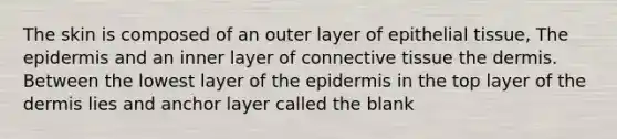 The skin is composed of an outer layer of epithelial tissue, The epidermis and an inner layer of connective tissue the dermis. Between the lowest layer of the epidermis in the top layer of the dermis lies and anchor layer called the blank