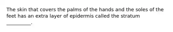 The skin that covers the palms of the hands and the soles of the feet has an extra layer of epidermis called the stratum __________.