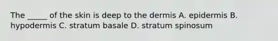 The _____ of the skin is deep to the dermis A. epidermis B. hypodermis C. stratum basale D. stratum spinosum