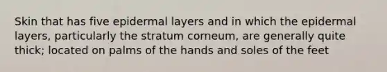 Skin that has five epidermal layers and in which the epidermal layers, particularly the stratum corneum, are generally quite thick; located on palms of the hands and soles of the feet