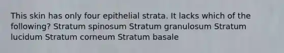 This skin has only four epithelial strata. It lacks which of the following? Stratum spinosum Stratum granulosum Stratum lucidum Stratum corneum Stratum basale