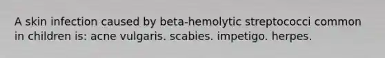 A skin infection caused by beta-hemolytic streptococci common in children is: acne vulgaris. scabies. impetigo. herpes.