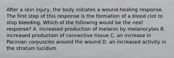 After a skin injury, the body initiates a wound-healing response. The first step of this response is the formation of a blood clot to stop bleeding. Which of the following would be the next response? A. increased production of melanin by melanocytes B. increased production of <a href='https://www.questionai.com/knowledge/kYDr0DHyc8-connective-tissue' class='anchor-knowledge'>connective tissue</a> C. an increase in Pacinian corpuscles around the wound D. an increased activity in the stratum lucidum