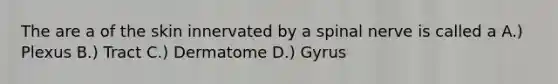 The are a of the skin innervated by a spinal nerve is called a A.) Plexus B.) Tract C.) Dermatome D.) Gyrus