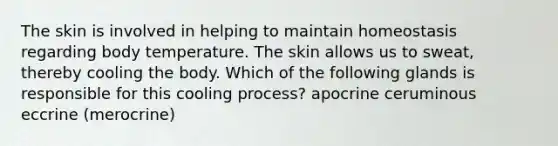 The skin is involved in helping to maintain homeostasis regarding body temperature. The skin allows us to sweat, thereby cooling the body. Which of the following glands is responsible for this cooling process? apocrine ceruminous eccrine (merocrine)