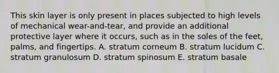 This skin layer is only present in places subjected to high levels of mechanical wear-and-tear, and provide an additional protective layer where it occurs, such as in the soles of the feet, palms, and fingertips. A. stratum corneum B. stratum lucidum C. stratum granulosum D. stratum spinosum E. stratum basale