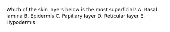Which of the skin layers below is the most superficial? A. Basal lamina B. Epidermis C. Papillary layer D. Reticular layer E. Hypodermis