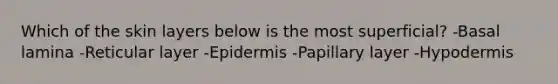 Which of the skin layers below is the most superficial? -Basal lamina -Reticular layer -Epidermis -Papillary layer -Hypodermis