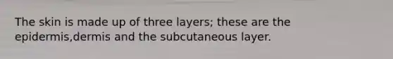 The skin is made up of three layers; these are the epidermis,dermis and the subcutaneous layer.