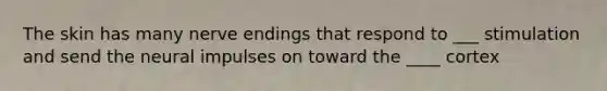The skin has many nerve endings that respond to ___ stimulation and send the neural impulses on toward the ____ cortex