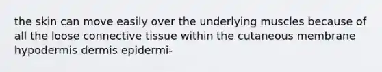 the skin can move easily over the underlying muscles because of all the loose connective tissue within the cutaneous membrane hypodermis dermis epidermi-