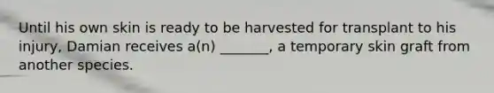 Until his own skin is ready to be harvested for transplant to his injury, Damian receives a(n) _______, a temporary skin graft from another species.