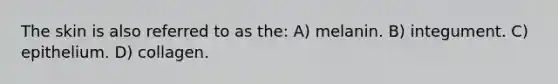 The skin is also referred to as the: A) melanin. B) integument. C) epithelium. D) collagen.