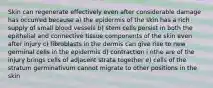 Skin can regenerate effectively even after considerable damage has occurred because a) the epidermis of the skin has a rich supply of small blood vessels b) stem cells persist in both the epithelial and connective tissue components of the skin even after injury c) fibroblasts in the dermis can give rise to new germinal cells in the epidermis d) contraction i nthe are of the injury brings cells of adjacent strata together e) cells of the stratum germinativum cannot migrate to other positions in the skin