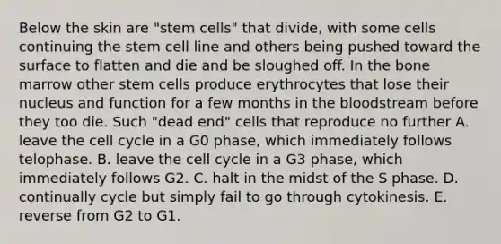 Below the skin are "stem cells" that divide, with some cells continuing the stem cell line and others being pushed toward the surface to flatten and die and be sloughed off. In the bone marrow other stem cells produce erythrocytes that lose their nucleus and function for a few months in the bloodstream before they too die. Such "dead end" cells that reproduce no further A. leave the cell cycle in a G0 phase, which immediately follows telophase. B. leave the cell cycle in a G3 phase, which immediately follows G2. C. halt in the midst of the S phase. D. continually cycle but simply fail to go through cytokinesis. E. reverse from G2 to G1.