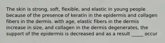 The skin is strong, soft, flexible, and elastic in young people because of the presence of keratin in the epidermis and collagen fibers in the dermis. with age, elastic fibers in the dermis increase in size, and collagen in the dermis degenerates, the support of the epidermis is decreased and as a result _____ occur