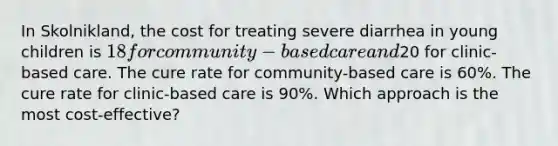 In Skolnikland, the cost for treating severe diarrhea in young children is 18 for community-based care and20 for clinic-based care. The cure rate for community-based care is 60%. The cure rate for clinic-based care is 90%. Which approach is the most cost-effective?